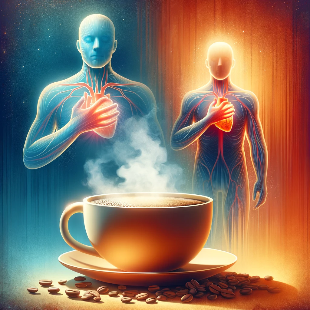 It features a large, steaming cup of coffee with a transparent human figure, highlighting the area around the heart to symbolize chest pain, set against a background transitioning from warm to cooler tones. This visual aims to evoke a sense of caution and awareness about caffeine's effects on the body.