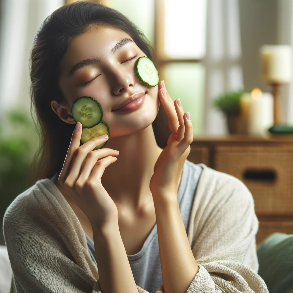 It depicts a person sitting comfortably, rubbing their face with cucumber slices in a serene and well-lit room, embodying a tranquil and spa-like atmosphere.



