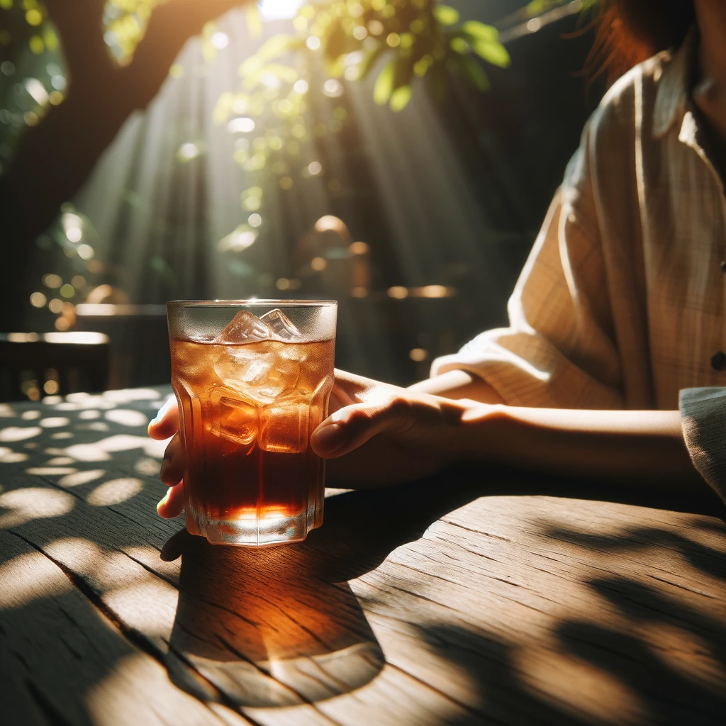 It depicts a person enjoying a glass of sweet tea in a serene, outdoor setting.