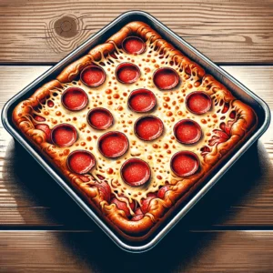 The image captures the essence of Detroit-style pizza, highlighting its iconic square shape, thick airy crust, edge-to-edge melted cheese, and distinctive stripes of tomato sauce on top. This visual representation brings to life the unique characteristics that make Detroit-style pizza a standout culinary creation. With its inviting appearance and attention to detail, this image embodies the spirit and tradition of Detroit's rich culinary scene, inviting everyone to experience the joy and deliciousness of Detroit-style pizza