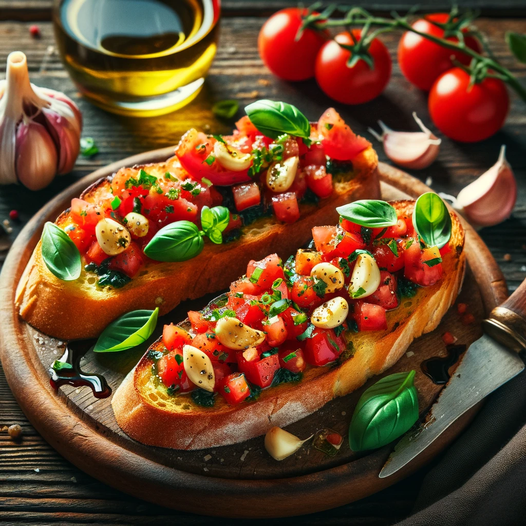 A fresh, homemade garlic bread bruschetta with vibrant toppings.