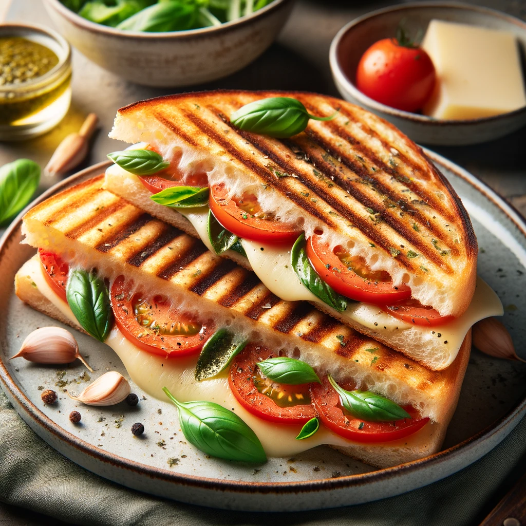 A savory garlic bread panini, grilled with melted cheese and tomato