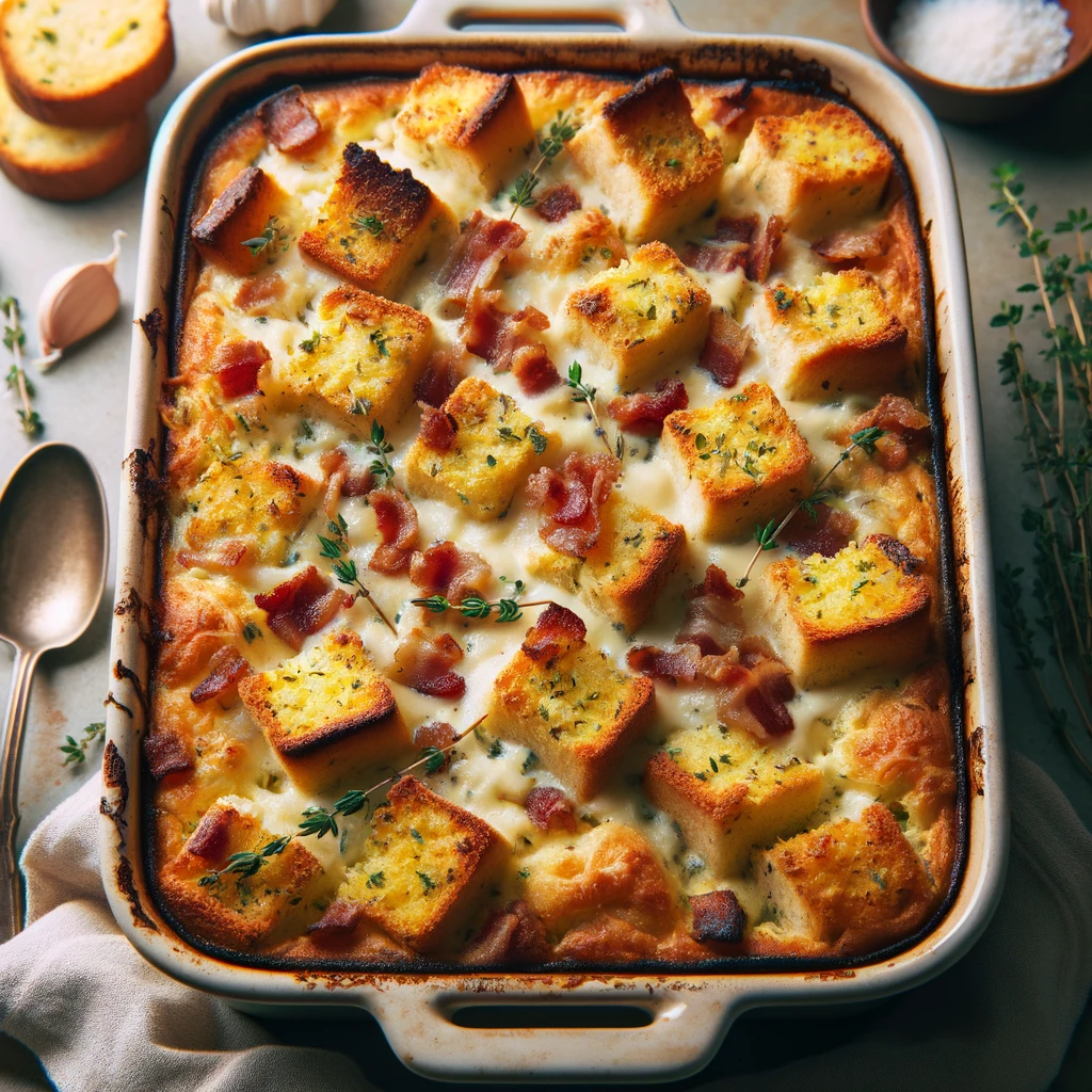 A cozy, comforting garlic bread bread pudding with a savory custard mixture.