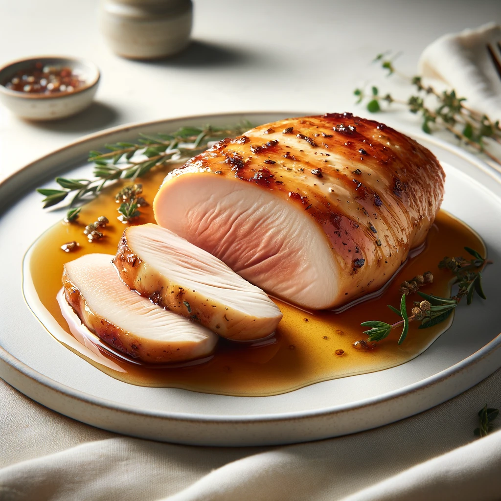 
A perfectly cooked sous vide chicken breast on a white plate, with a golden-brown exterior and juicy, tender interior, garnished with fresh herbs and a glossy sauce, against a soft neutral background.