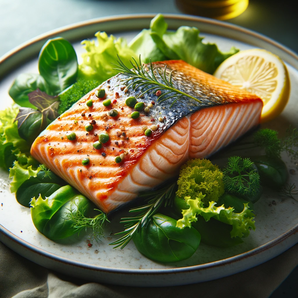 A beautifully plated, perfectly cooked salmon fillet resting on a bed of fresh greens and herbs, with a lemon wedge on the side. The salmon's surface is golden and slightly crispy, emphasizing its juicy, tender interior. The elegant and simple presentation highlights the natural beauty and appeal of the dish