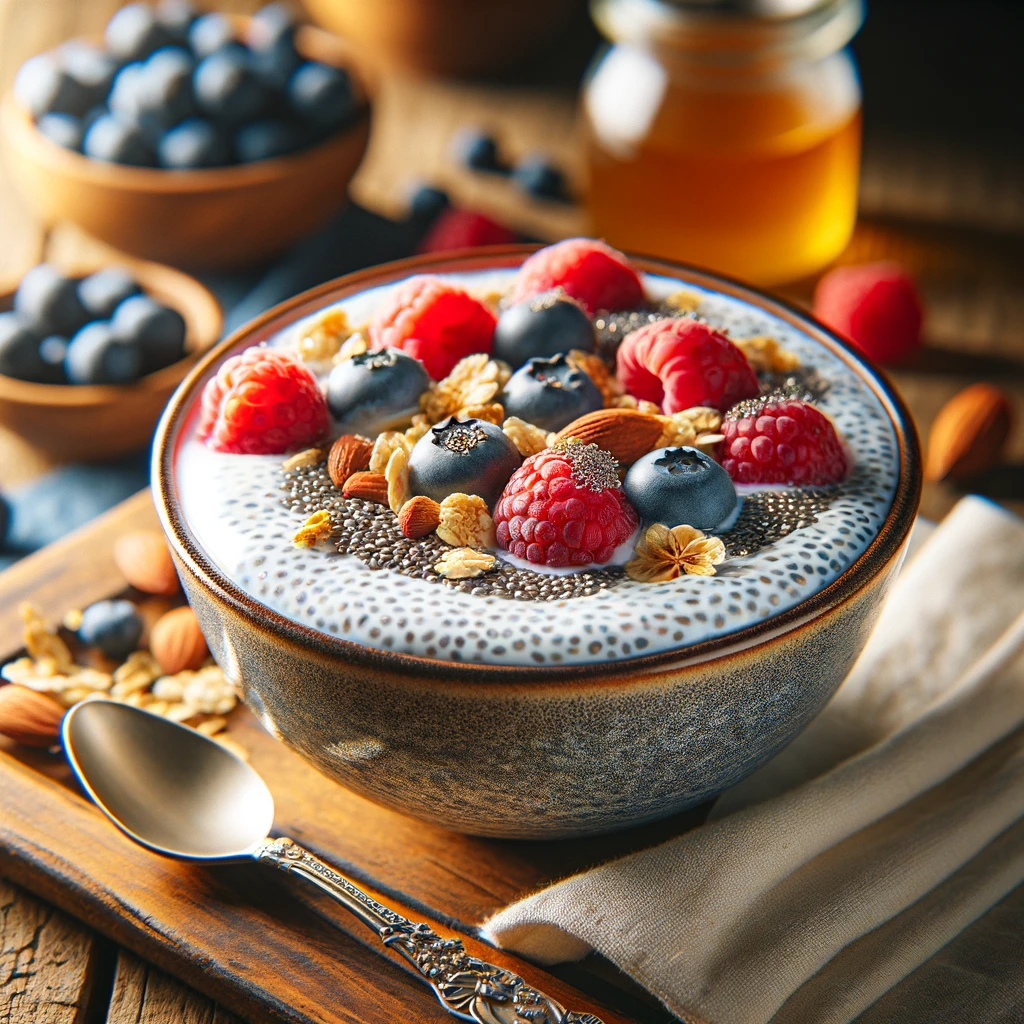 showcasing a bowl of creamy chia seed pudding topped with fresh berries, granola, and a drizzle of honey.