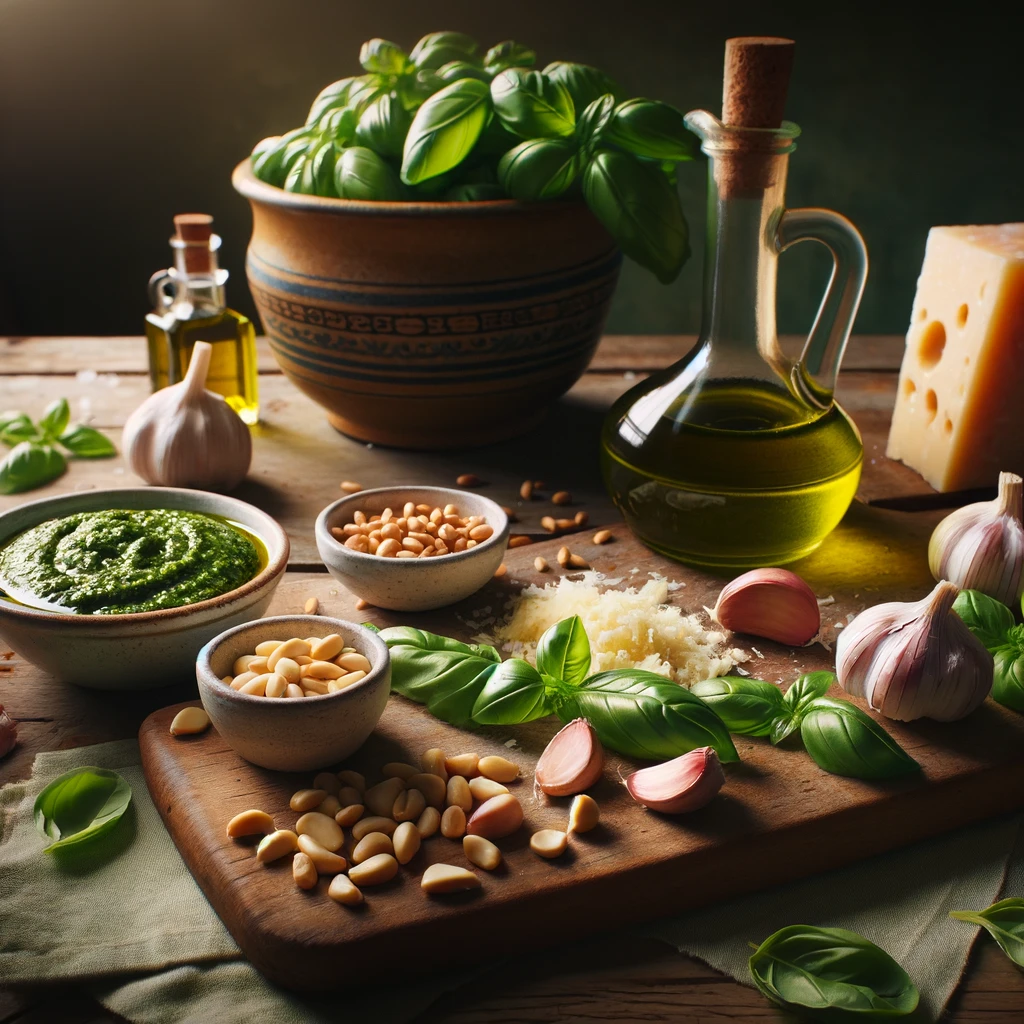 With fresh basil leaves, garlic, pine nuts, grated cheese, and a bottle of olive oil set on a rustic kitchen table, it captures the essence of making homemade pesto.