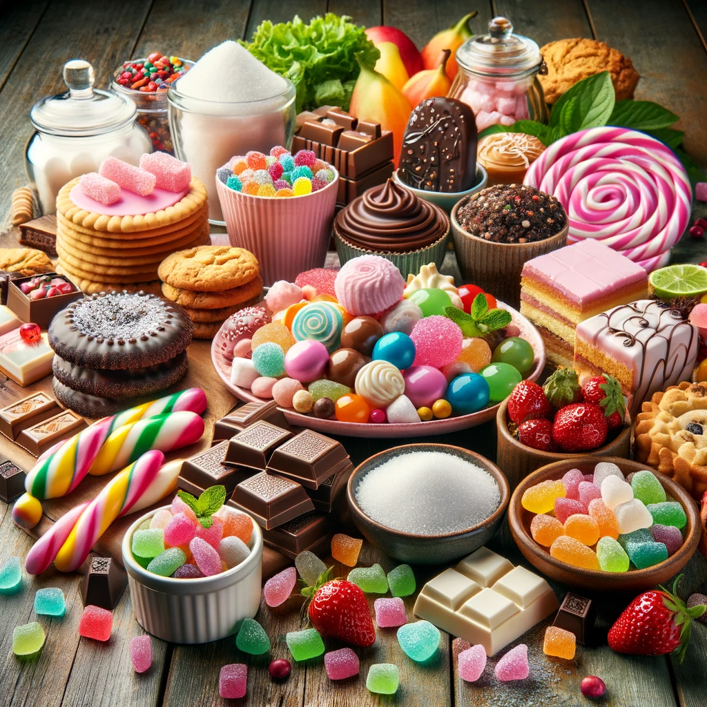 A vibrant display of various sugar-free sweets arranged on a rustic wooden table, including colorful candies, chocolates, cookies, and cakes, with natural sweeteners like stevia leaves, erythritol crystals, and fresh fruits scattered around to emphasize the healthy ingredients. The setup invites indulgence in guilt-free dessert options.



