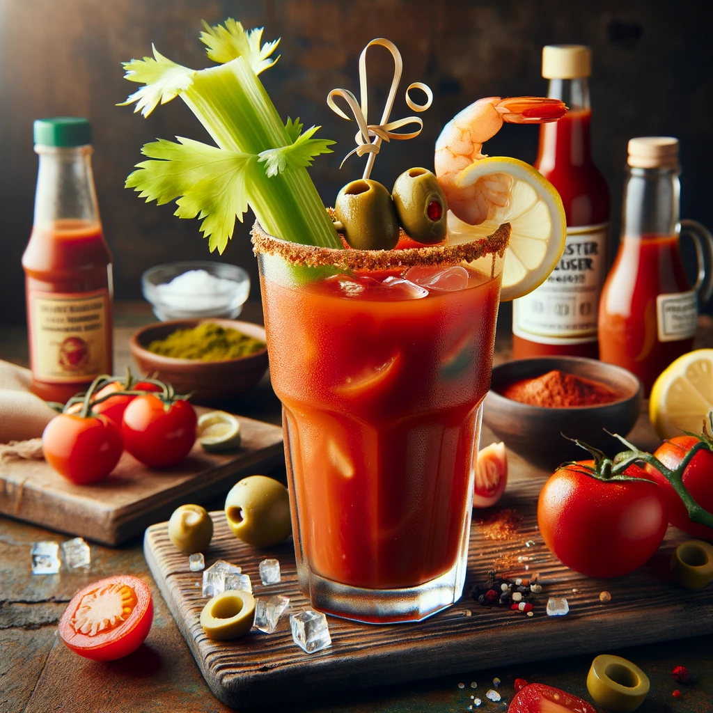 It showcases a beautifully arranged Bloody Mary cocktail with a vibrant presentation, capturing the essence of this iconic drink perfectly suited for a Sunday brunch setting