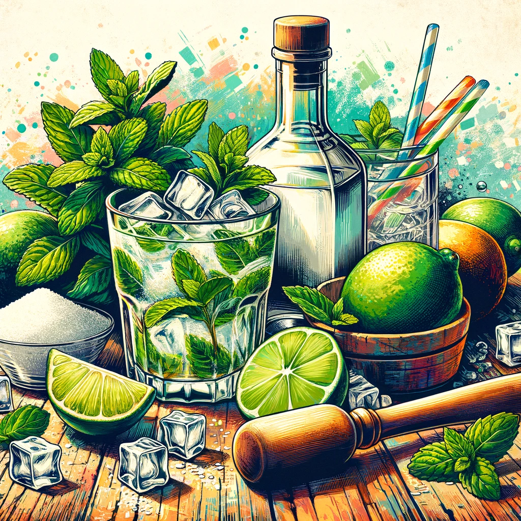 image above visually encapsulates the vibrant essence and essential ingredients of a Mojito cocktail. It brings to life the fresh mint leaves, cut lime, white rum, ice cubes, and soda water, set against a rustic wooden backdrop, perfectly complementing our detailed guide on crafting the perfect Mojito
