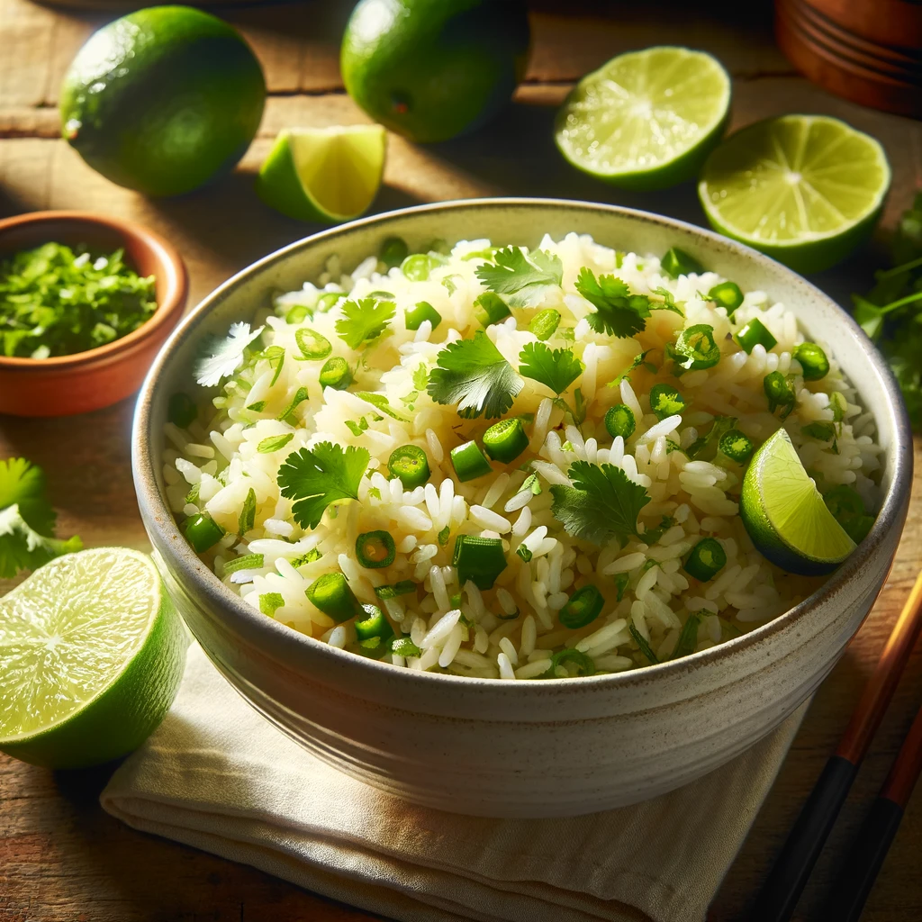 A vibrant image showcasing Chipotle Lime Rice in a white bowl, garnished with bright green cilantro and surrounded by lime wedges and zest. The bowl is placed on a rustic wooden table, accompanied by chopsticks and a small dish of lime slices, under warm lighting to evoke a cozy, homemade meal atmosphere.




