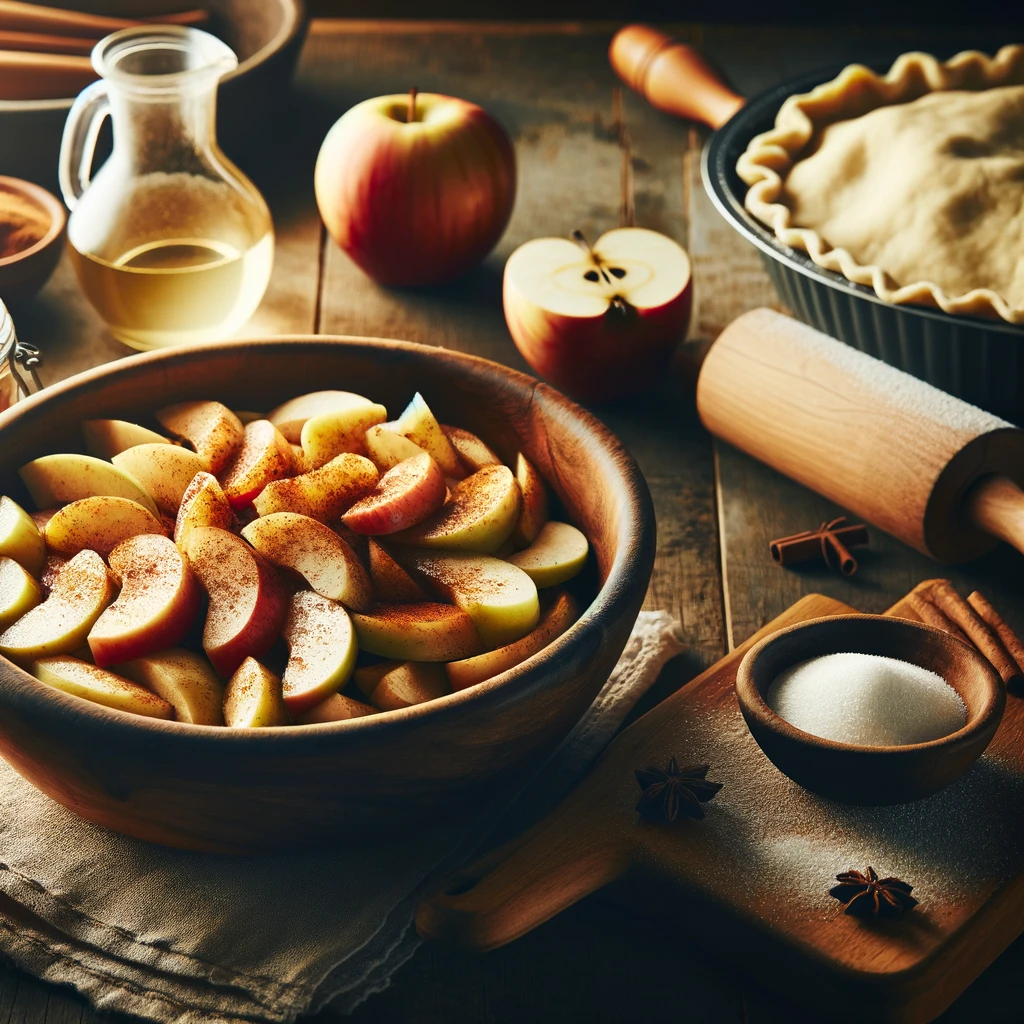 it captures the essence of making apple pie filling in a rustic kitchen scene. It showcases the warm and inviting process of preparing the filling, complete with sliced apples, cinnamon, sugar, lemon juice, and cornstarch on a wooden countertop, ready for pie-making.



